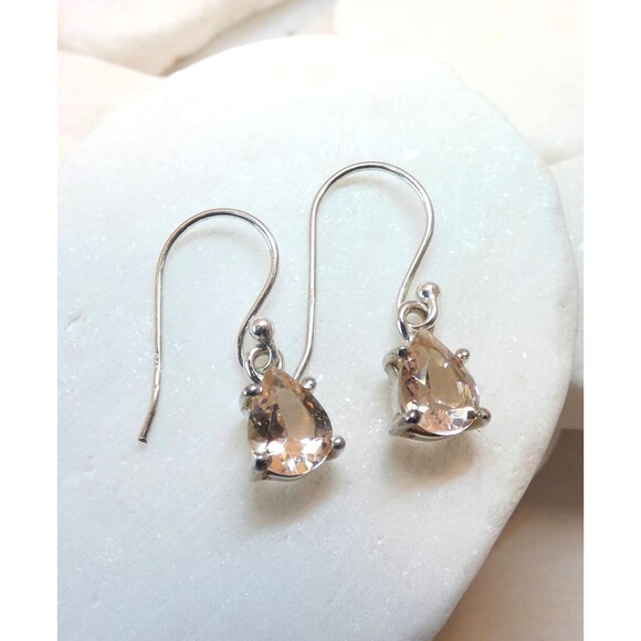 Natural Pink Morganite Gemstone Sterling Silver Dangle Drop Earrings Teardrop - Picture 2 of 6